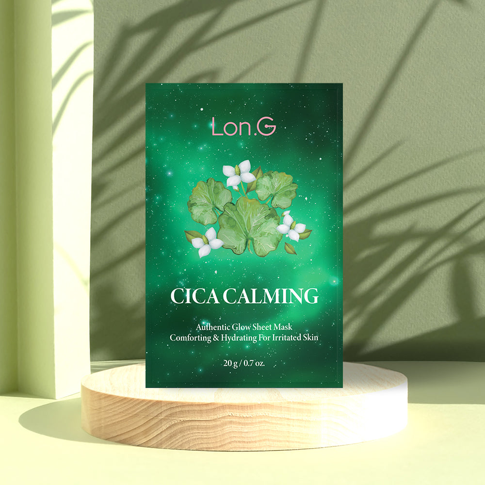 Masque visage Cica Lon.G à la centella asiatica sur socle, soin apaisant et hydratant skincare coreenne
