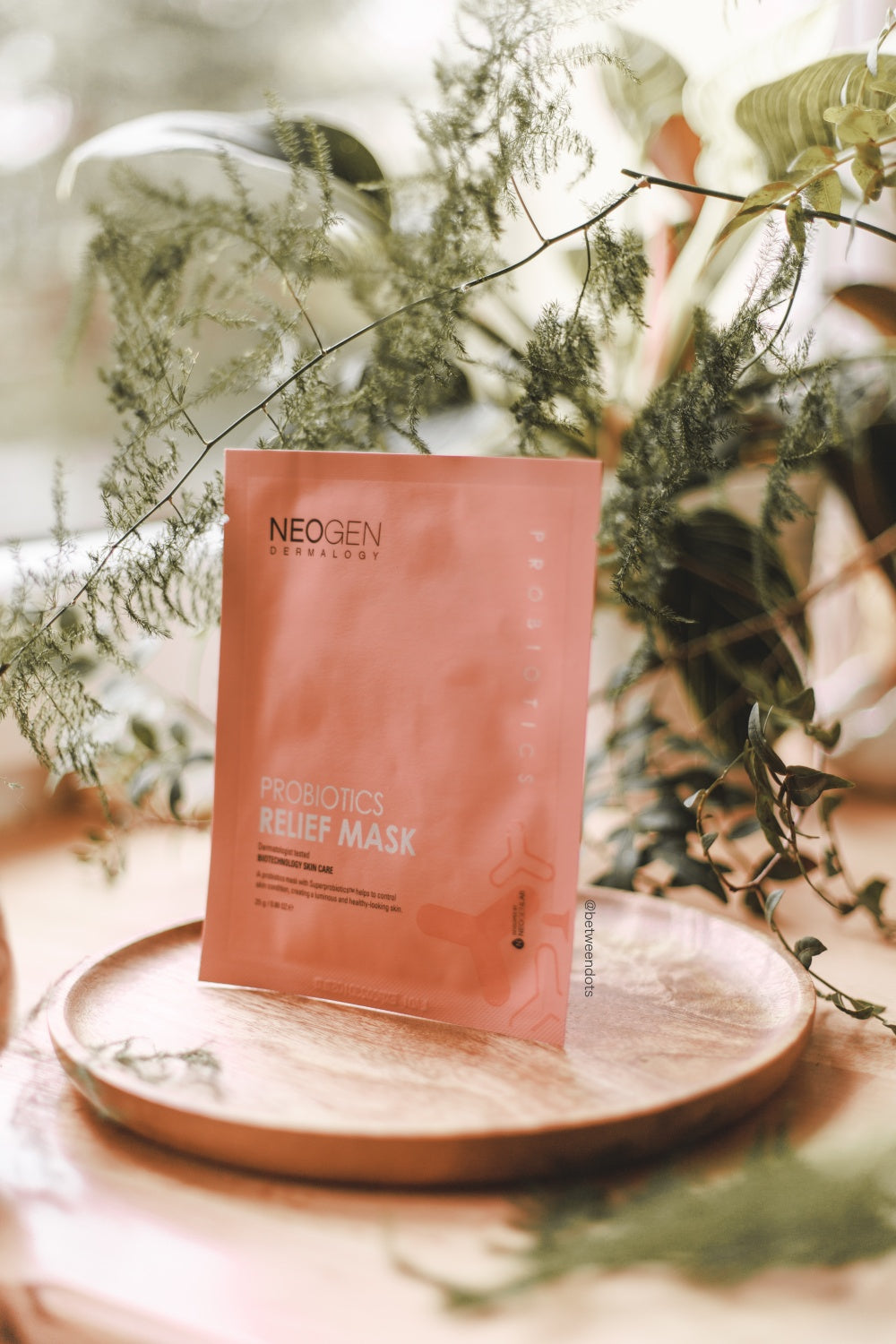 Masque visage Probiotics Relief Mask Neogen posé sur plateau avec plantes