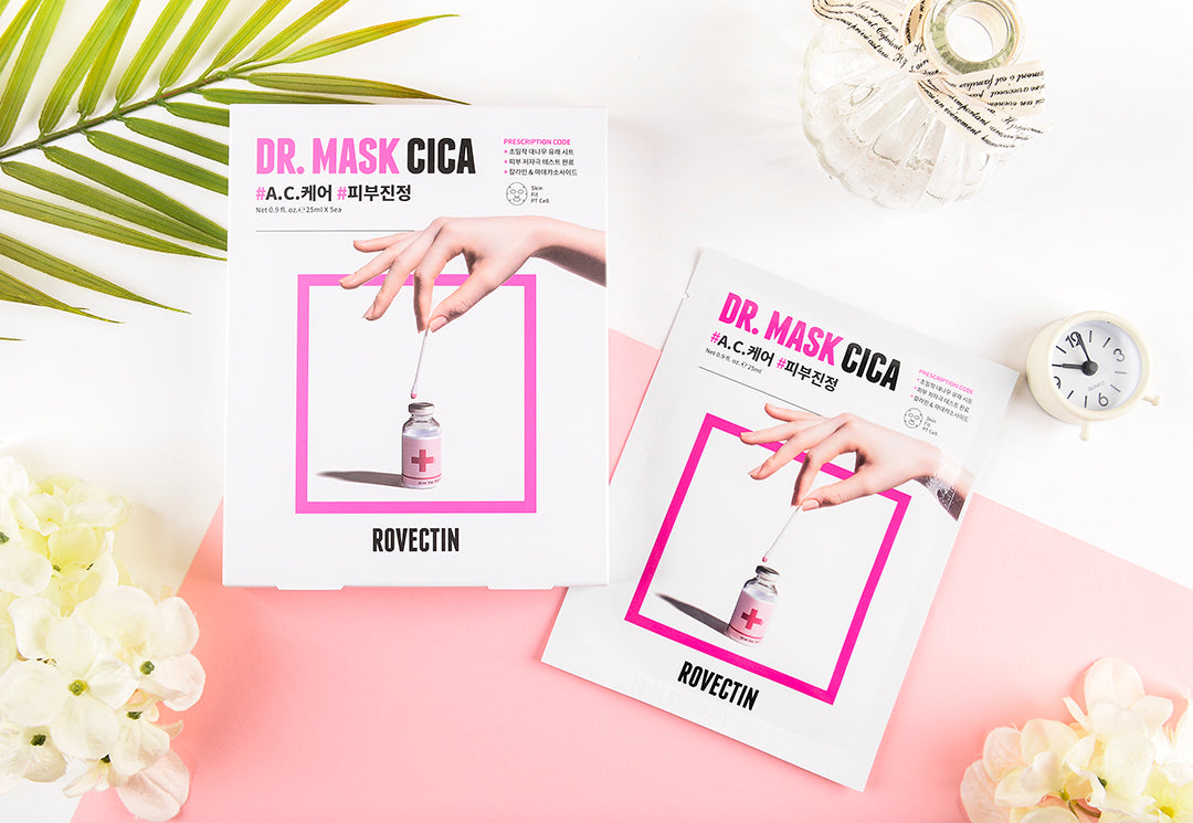 Routine skincare avec masques Rovectin à la centella asiatica pour peau sensible et irritée